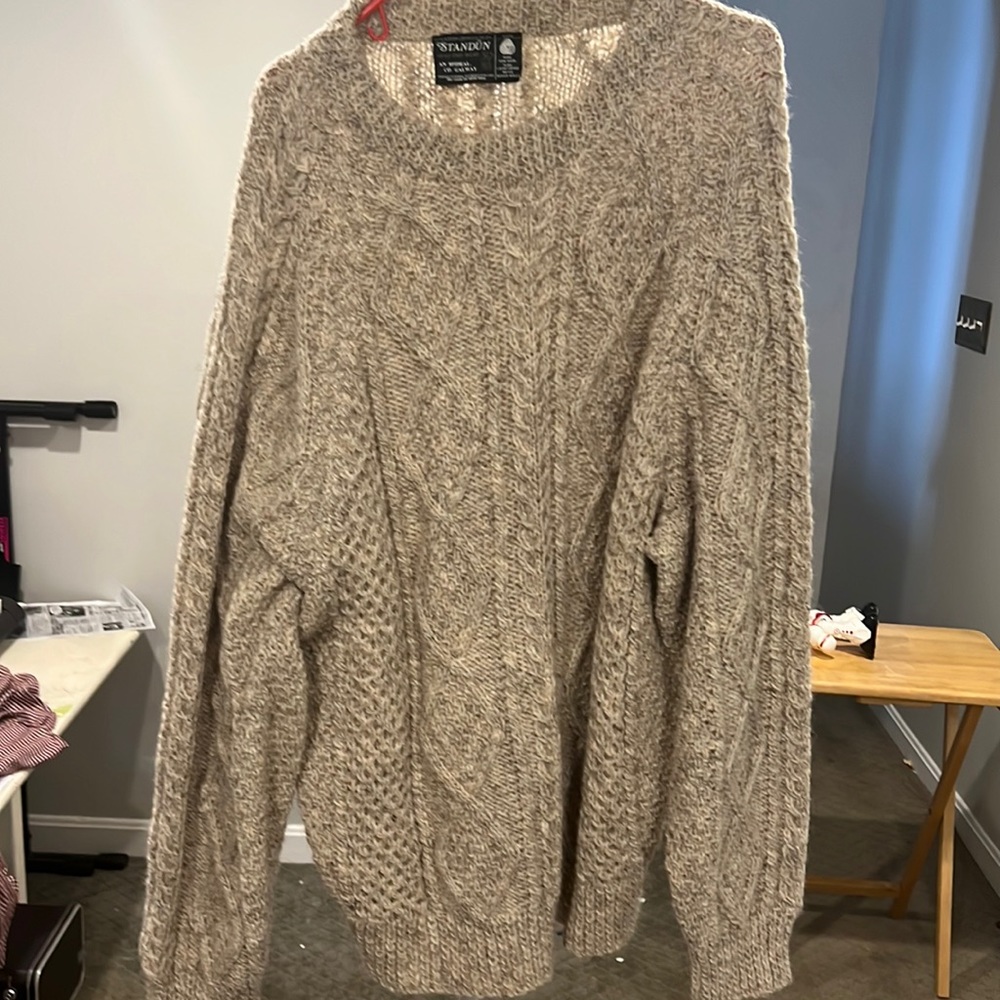 Standun 100% Wool Aran Knit Sweater in an Oatmeal color. Made in Ireland